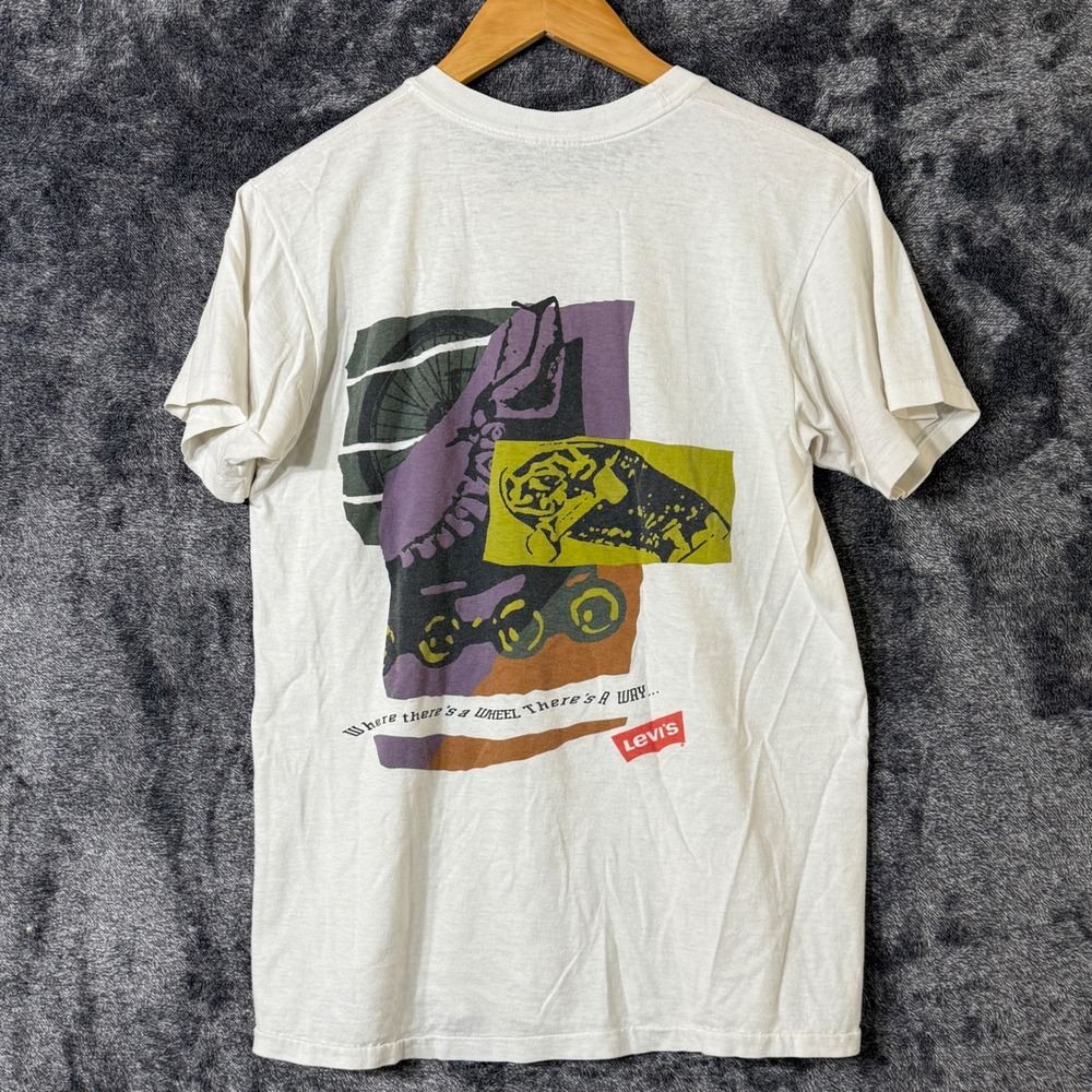 Vintage 80s 90s Levi's Graphic T-Shirt Medium White Wheel Skater Bike Cycle‎
